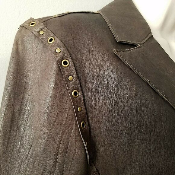 Rizal Womens  Leather Jacket brown collar button down pockets sz 2-4 S - Picture 4 of 10